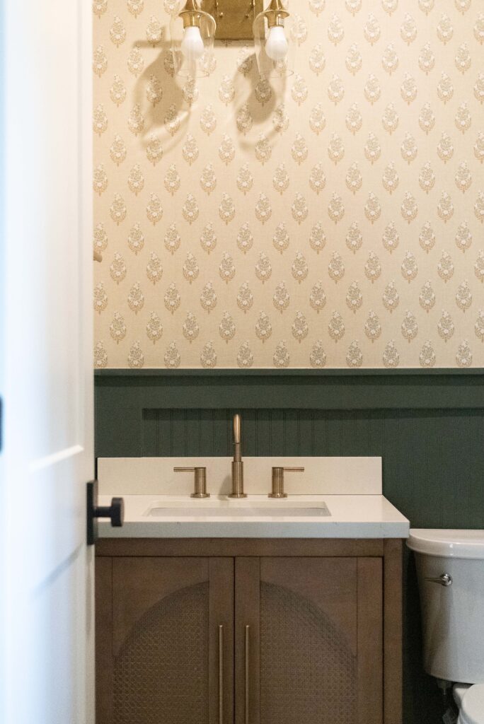 Green half bath, paisley linen wallpaper, walker county, tx